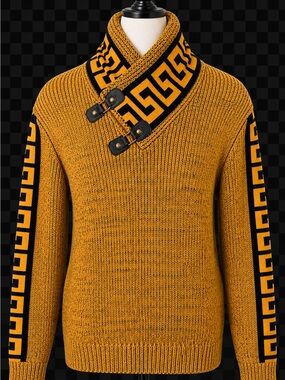Lecco’s 70% Wool Shawl Collar Toggle Sweater Mustard Black Western Large